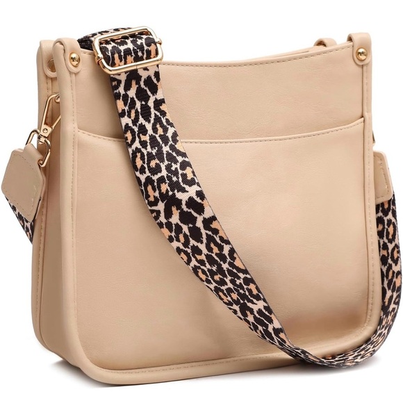 Handbags - Crossbody Shoulder Bag with Adjustable Leopard Guitar Strap, Vegan Leather Beige
